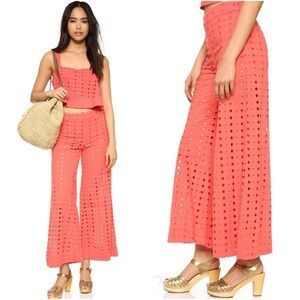 Free People Helena Wide Leg Eyelet Pants Coral Orange Size 12 High Waist Cropped